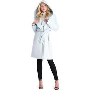 Avec Les Filles Women's Belted Wool Blend Coat Hooded Blue Pea Coat XS Dressy